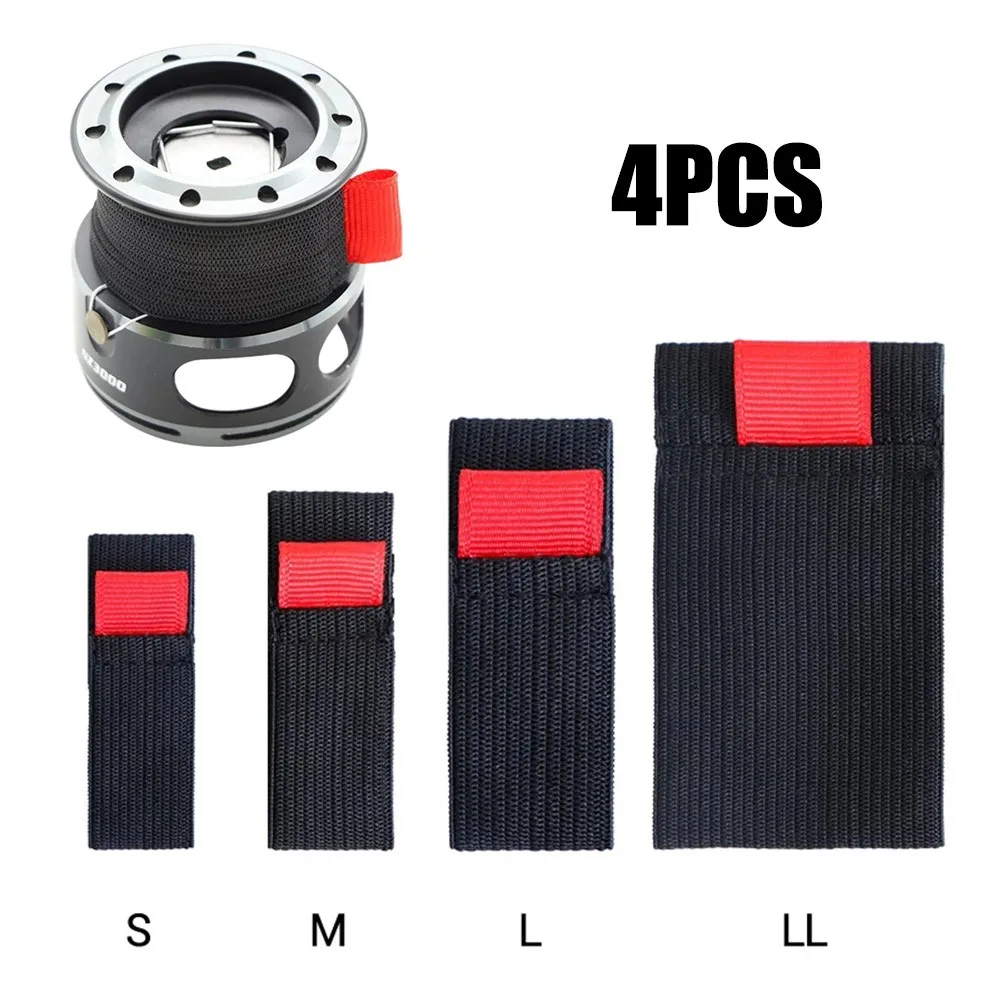Mesh Coil Strip - 釣り用の伸縮性スプールベルト,リール保護ベルト,黒と赤のバンド,ホイールアクセサリー,高品質,s,m,l,ll,4個